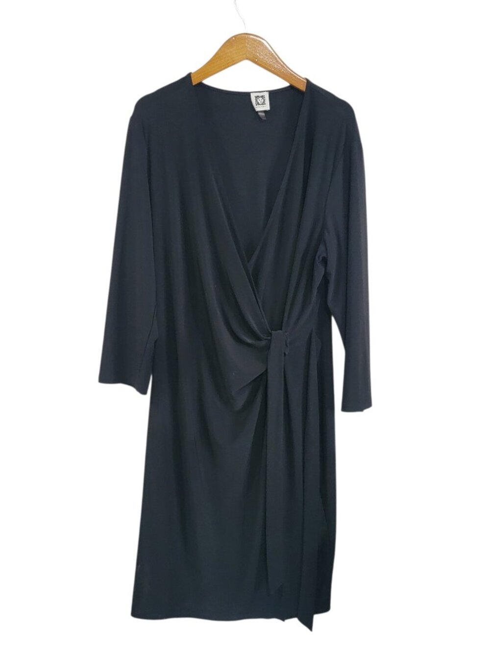 Anne Klein Faux Wrap Dress Womens 16 Black V-Neck Bodycon Classic Stretch